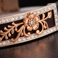 Designer Black Silicone Bracelet with Rose Gold Floral Charm & Diamond Frame