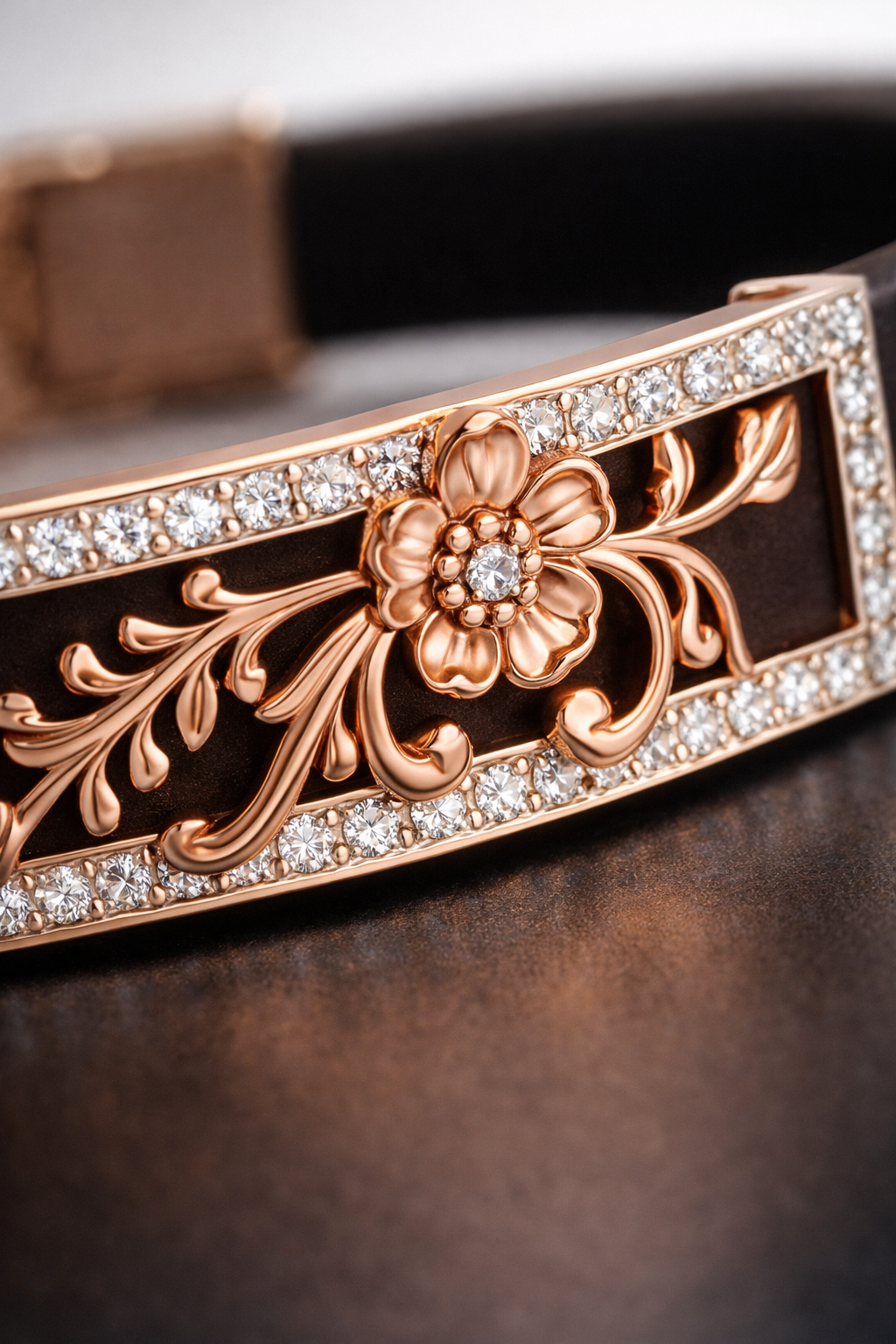 Designer Black Silicone Bracelet with Rose Gold Floral Charm & Diamond Frame