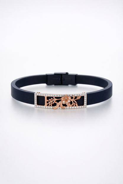 Designer Black Silicone Bracelet with Rose Gold Floral Charm & Diamond Frame