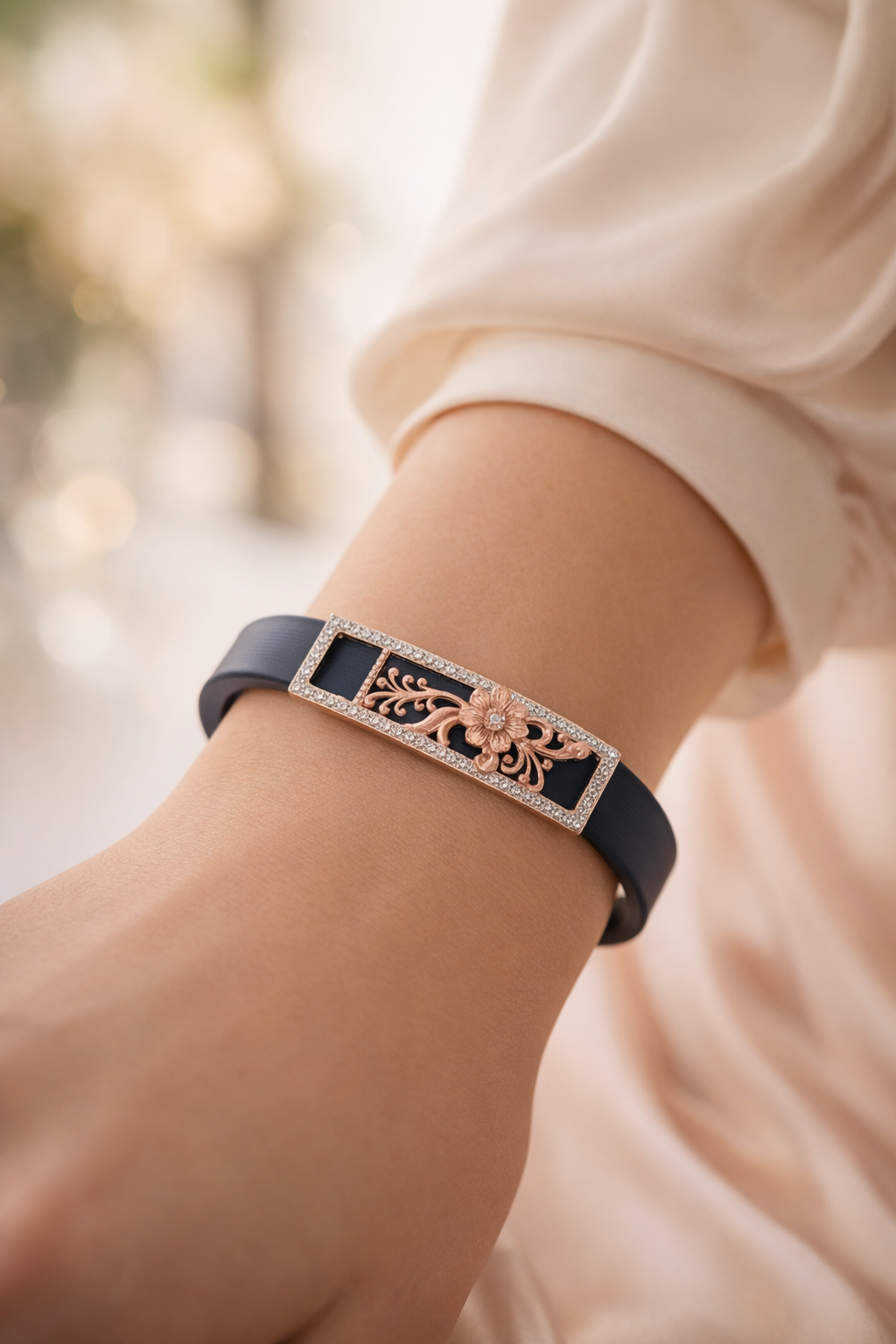 Designer Black Silicone Bracelet with Rose Gold Floral Charm & Diamond Frame