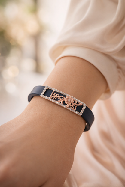 Designer Black Silicone Bracelet with Rose Gold Floral Charm & Diamond Frame