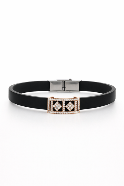 Luxury Black Silicon Matte Bracelet with Rose Gold Dual Diamond Square Design