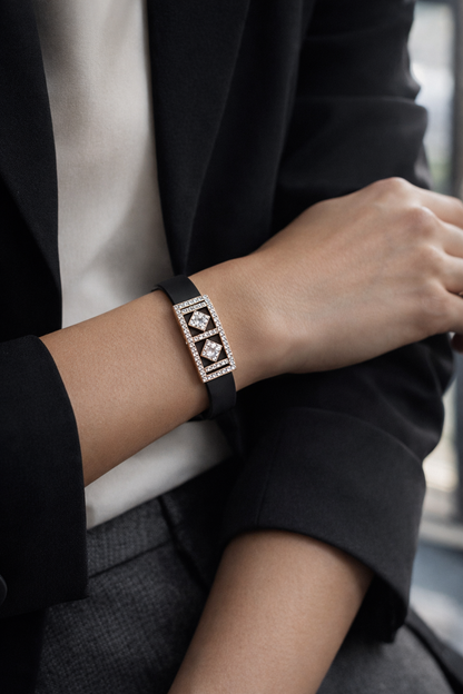 Luxury Black Silicon Matte Bracelet with Rose Gold Dual Diamond Square Design