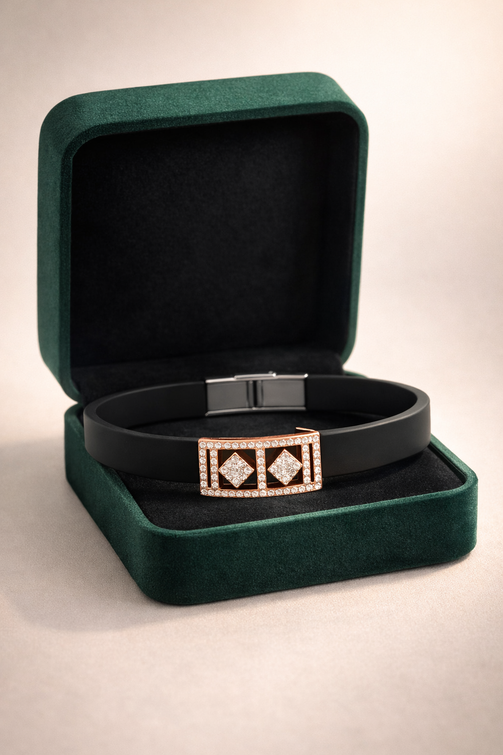 Luxury Black Silicon Matte Bracelet with Rose Gold Dual Diamond Square Design