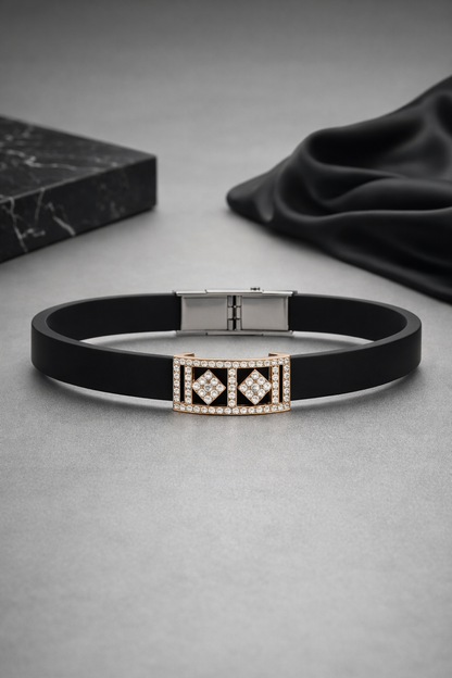 Luxury Black Silicon Matte Bracelet with Rose Gold Dual Diamond Square Design