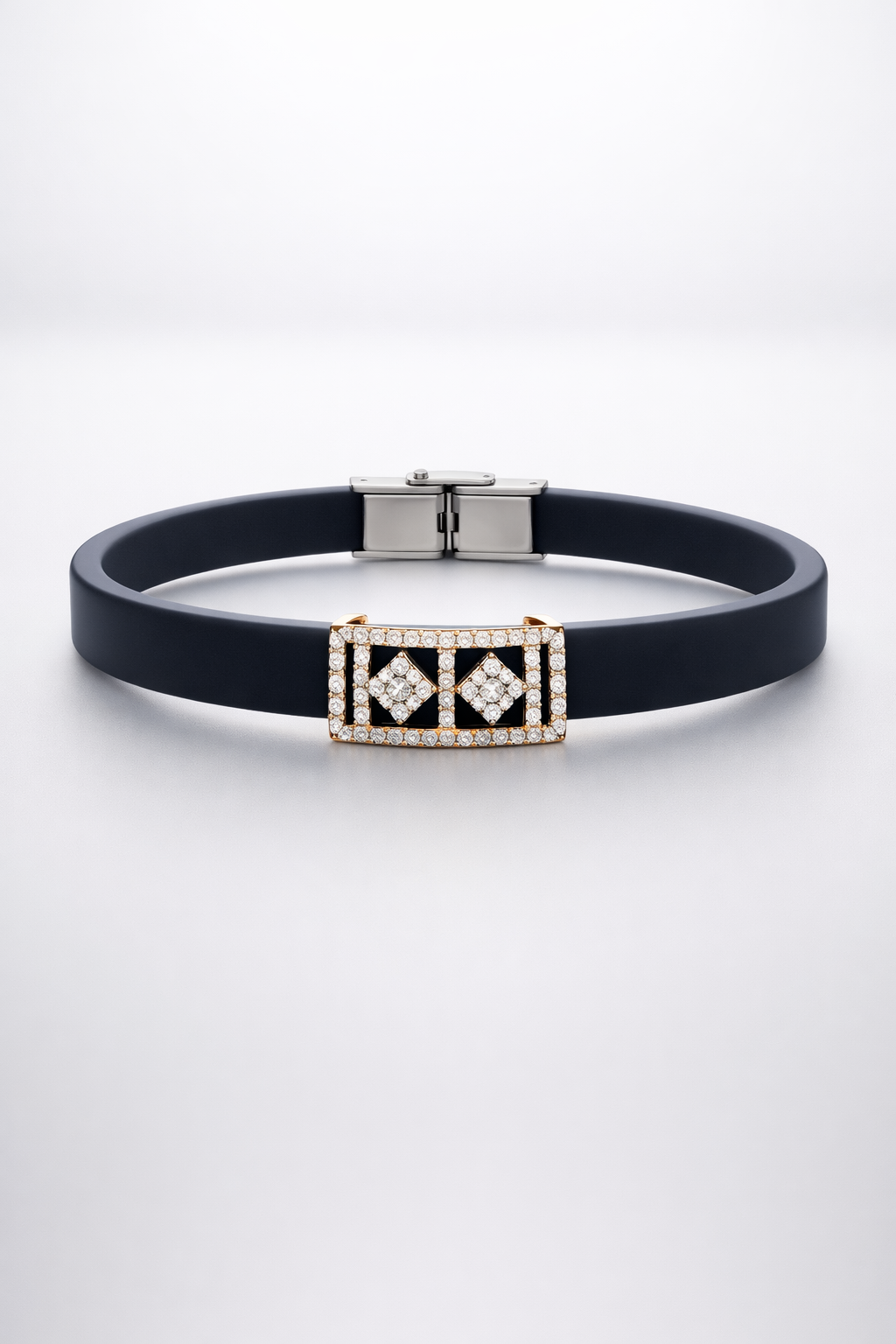 Luxury Black Silicon Matte Bracelet with Rose Gold Dual Diamond Square Design