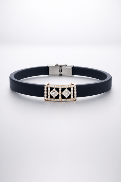Luxury Black Silicon Matte Bracelet with Rose Gold Dual Diamond Square Design