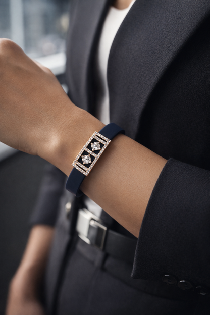 Luxury Black Silicon Matte Bracelet with Rose Gold Dual Diamond Square Design