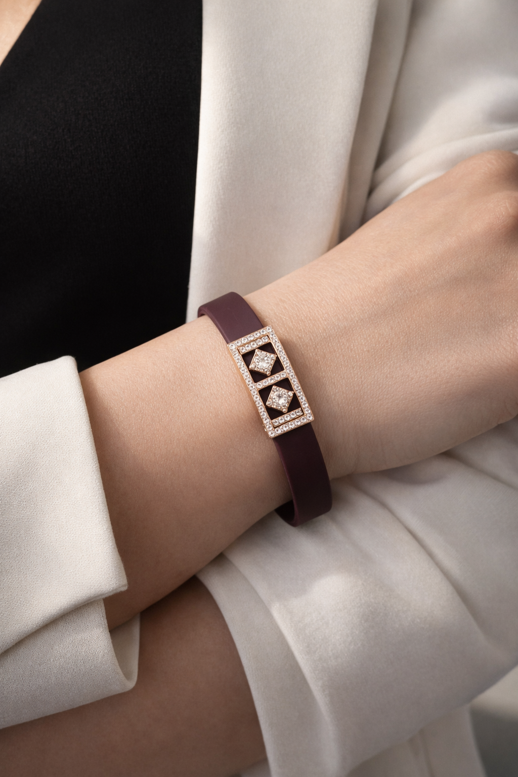 Luxury Black Silicon Matte Bracelet with Rose Gold Dual Diamond Square Design