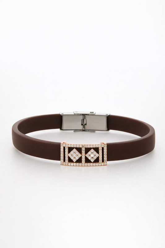 Luxury Black Silicon Matte Bracelet with Rose Gold Dual Diamond Square Design