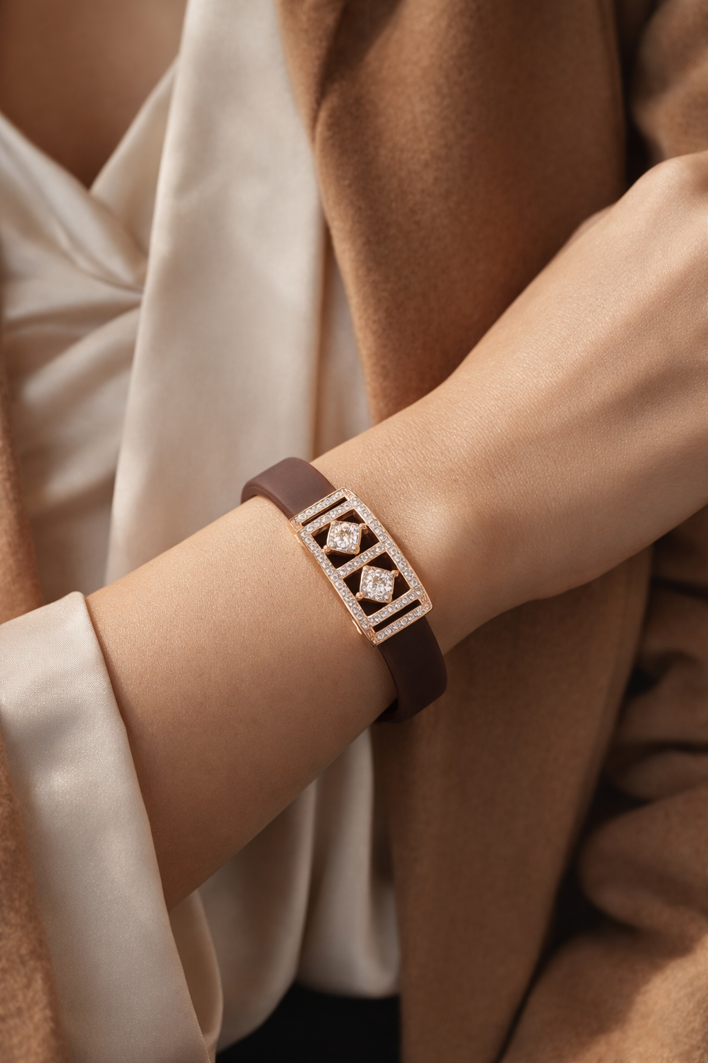 Luxury Black Silicon Matte Bracelet with Rose Gold Dual Diamond Square Design