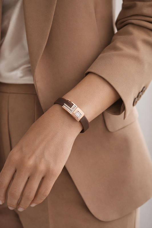 Elegant Coffee Brown Matte Bracelet with Rose Gold Diamond Centerpiece