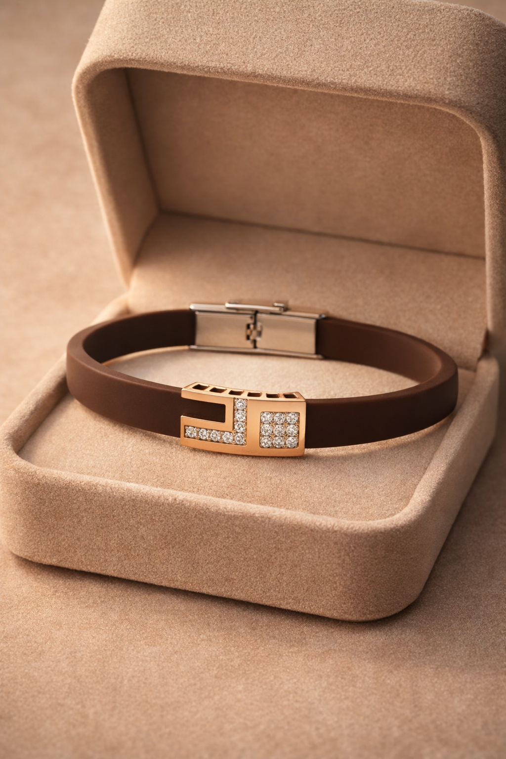 Elegant Coffee Brown Matte Bracelet with Rose Gold Diamond Centerpiece