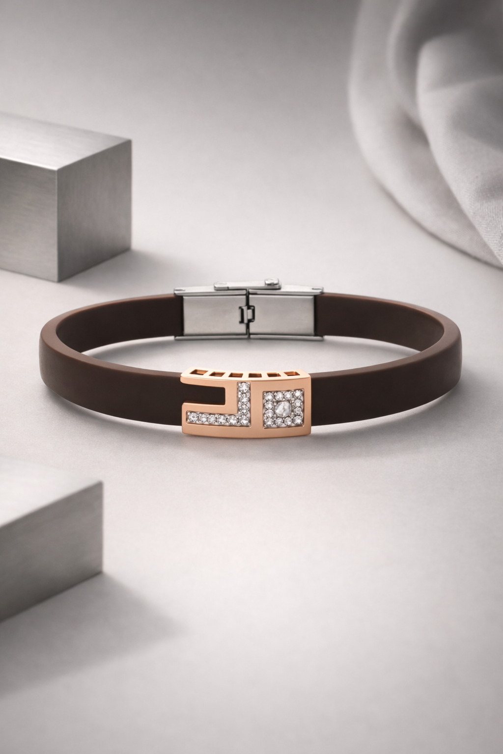 Elegant Coffee Brown Matte Bracelet with Rose Gold Diamond Centerpiece