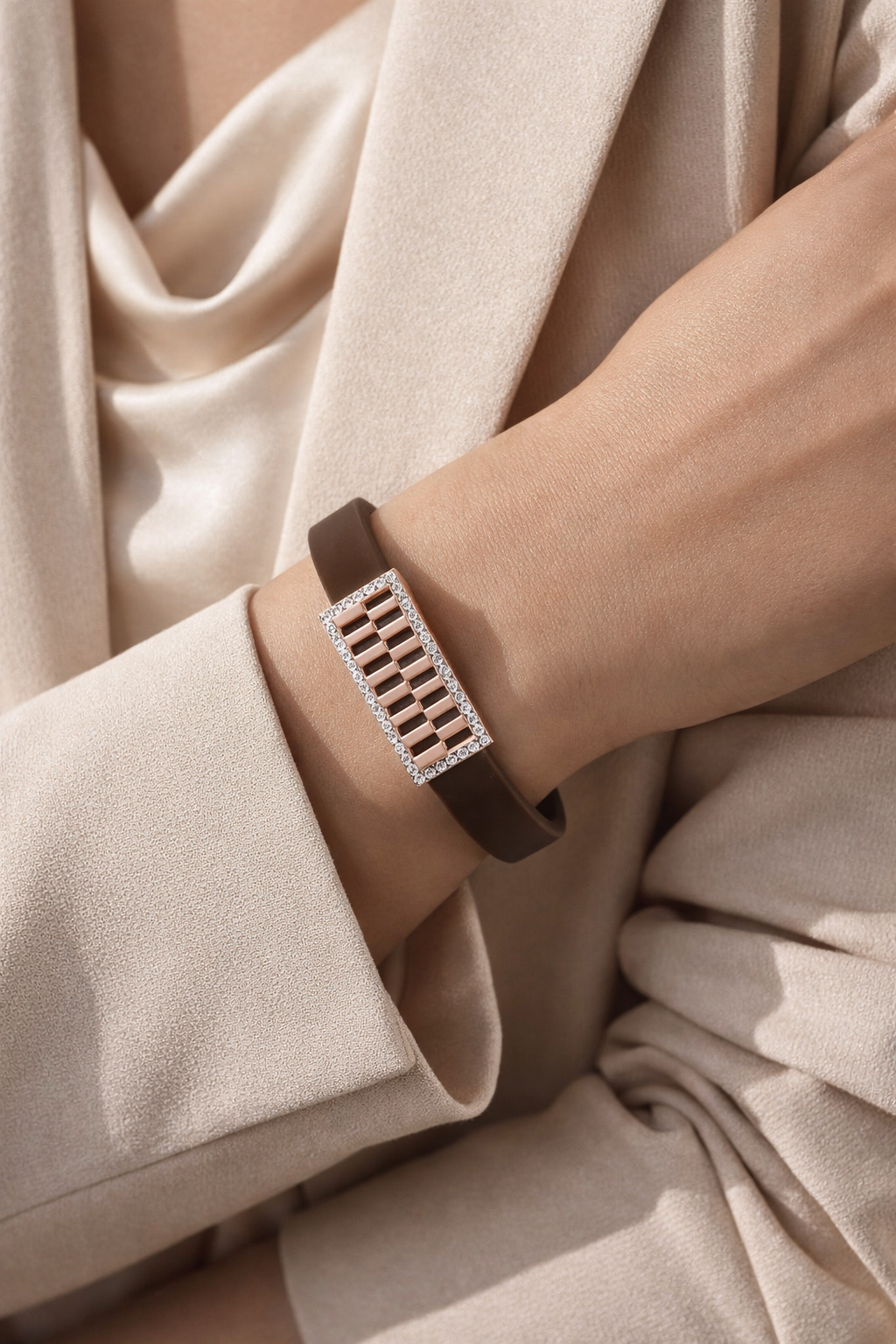 Premium Black Silicon Bracelet with Rose Gold Diamond Rectangular Motif