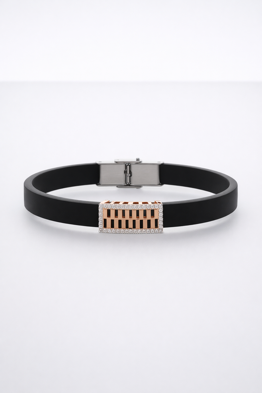 Premium Black Silicon Bracelet with Rose Gold Diamond Rectangular Motif