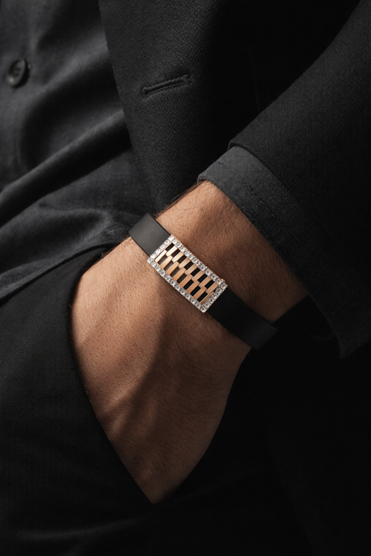Premium Black Silicon Bracelet with Rose Gold Diamond Rectangular Motif