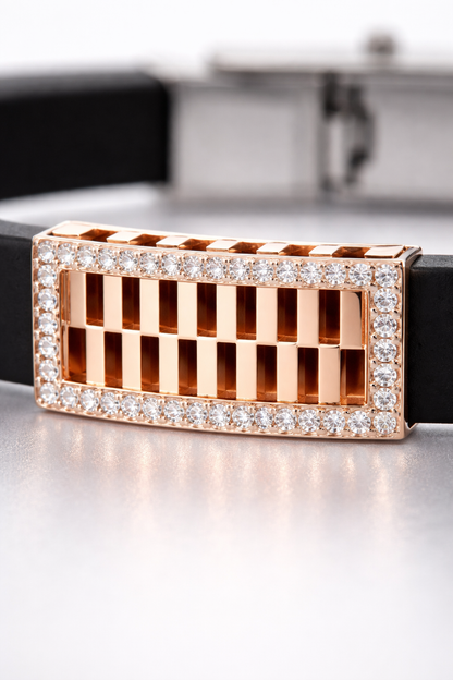 Premium Black Silicon Bracelet with Rose Gold Diamond Rectangular Motif