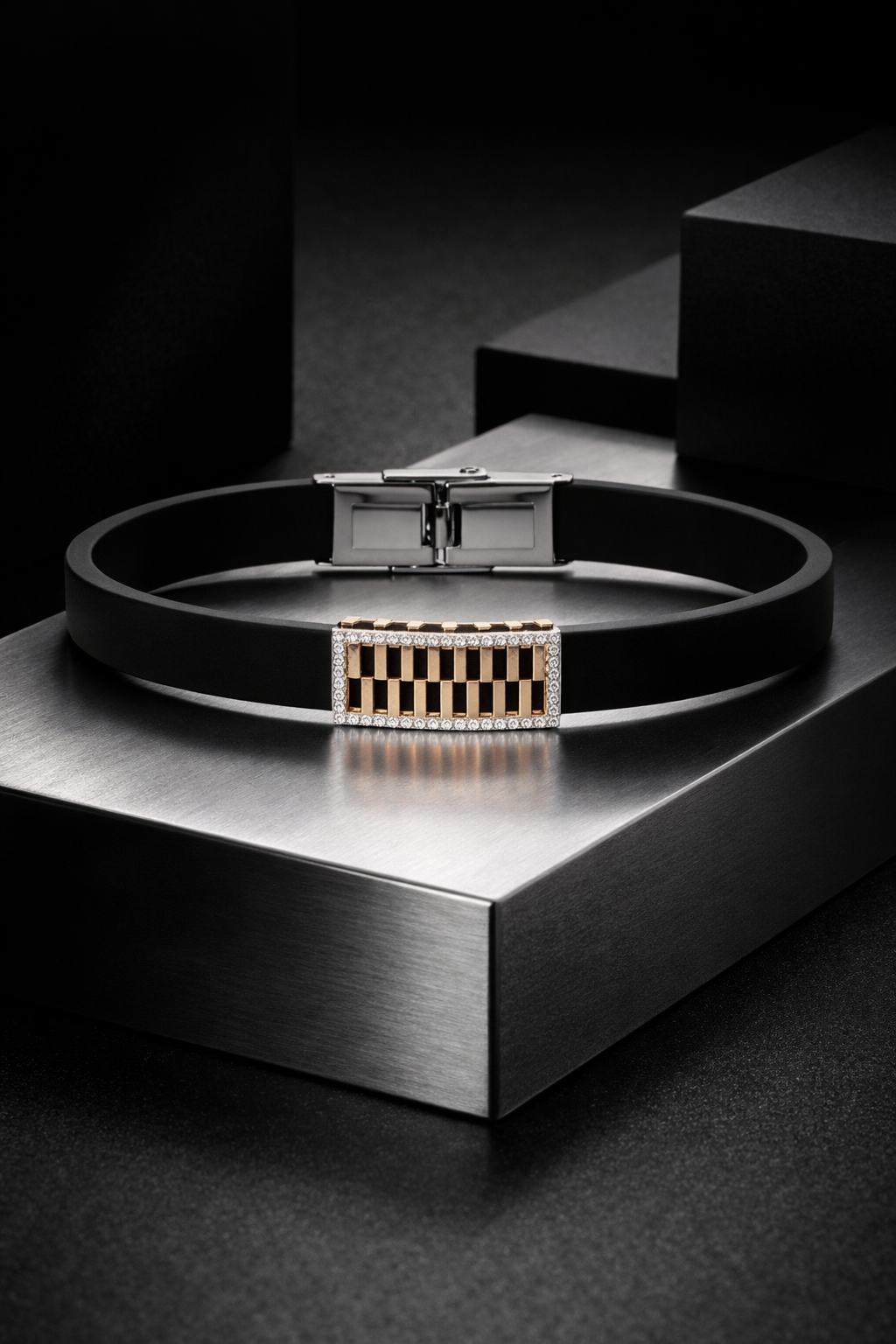 Premium Black Silicon Bracelet with Rose Gold Diamond Rectangular Motif