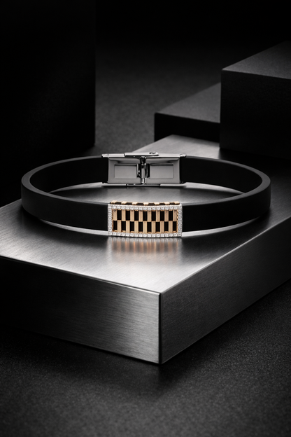 Premium Black Silicon Bracelet with Rose Gold Diamond Rectangular Motif