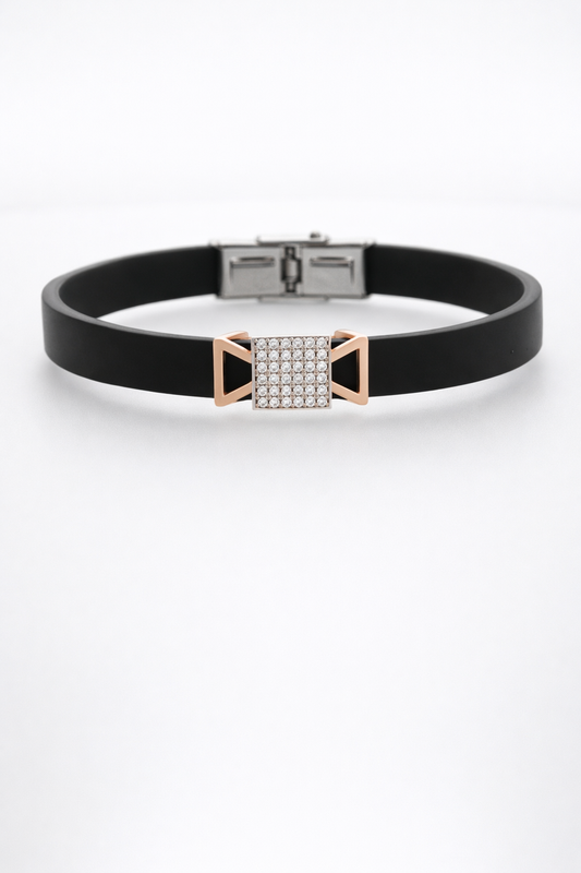Modern Designer Black Silicon Bracelet with Rose Gold Diamond Detailing