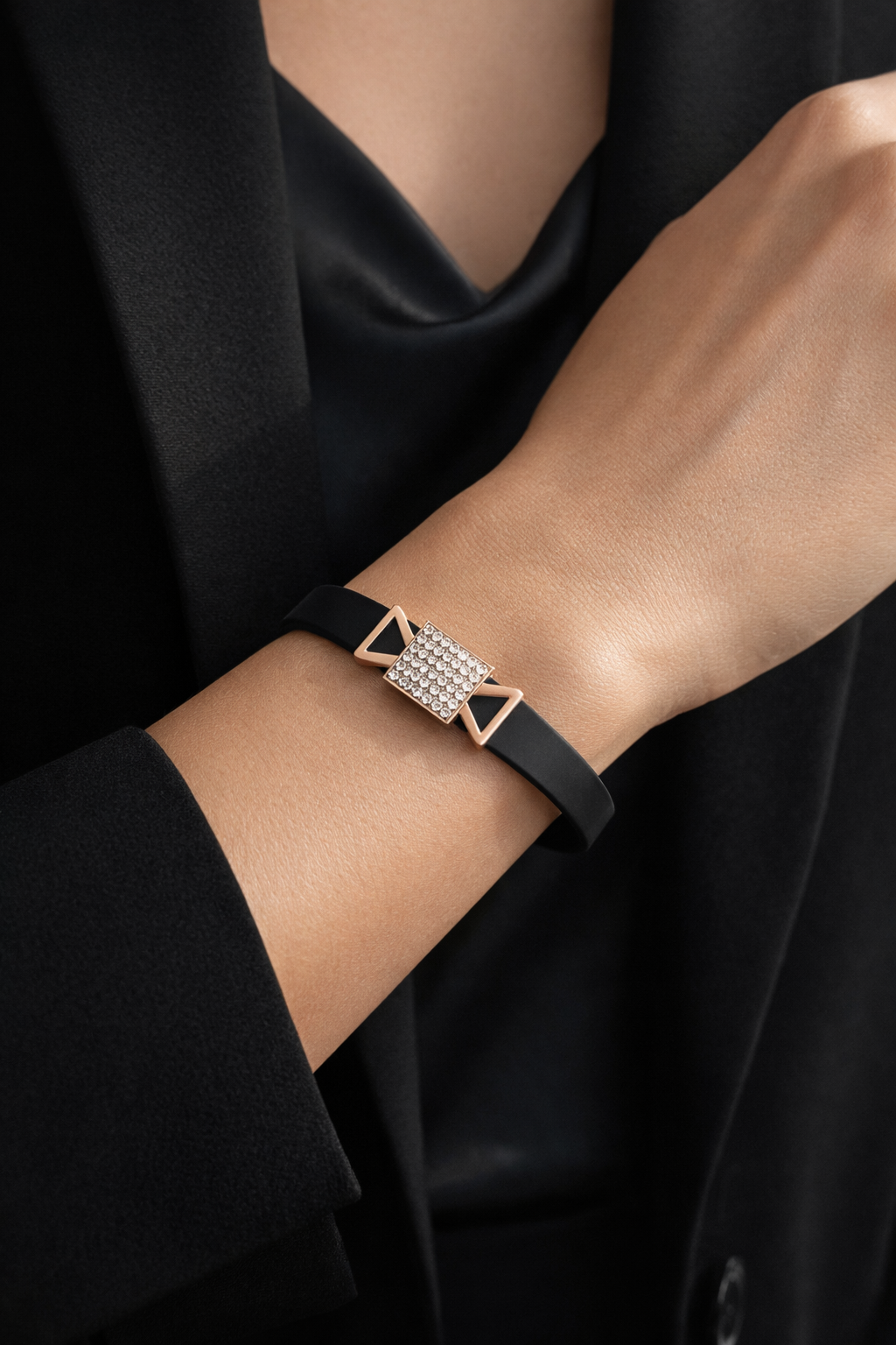 Modern Designer Black Silicon Bracelet with Rose Gold Diamond Detailing