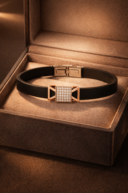 Modern Designer Black Silicon Bracelet with Rose Gold Diamond Detailing