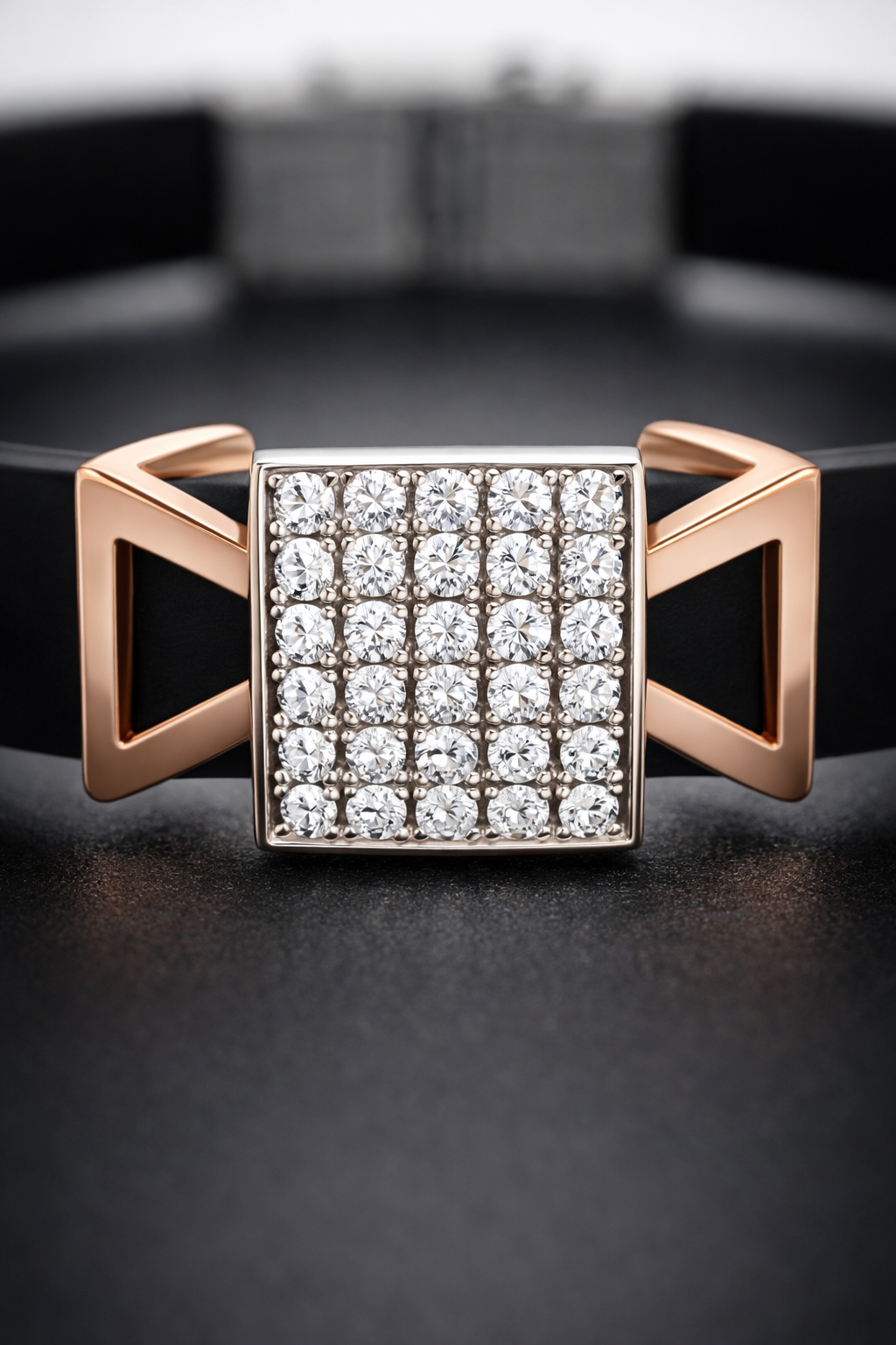 Modern Designer Black Silicon Bracelet with Rose Gold Diamond Detailing