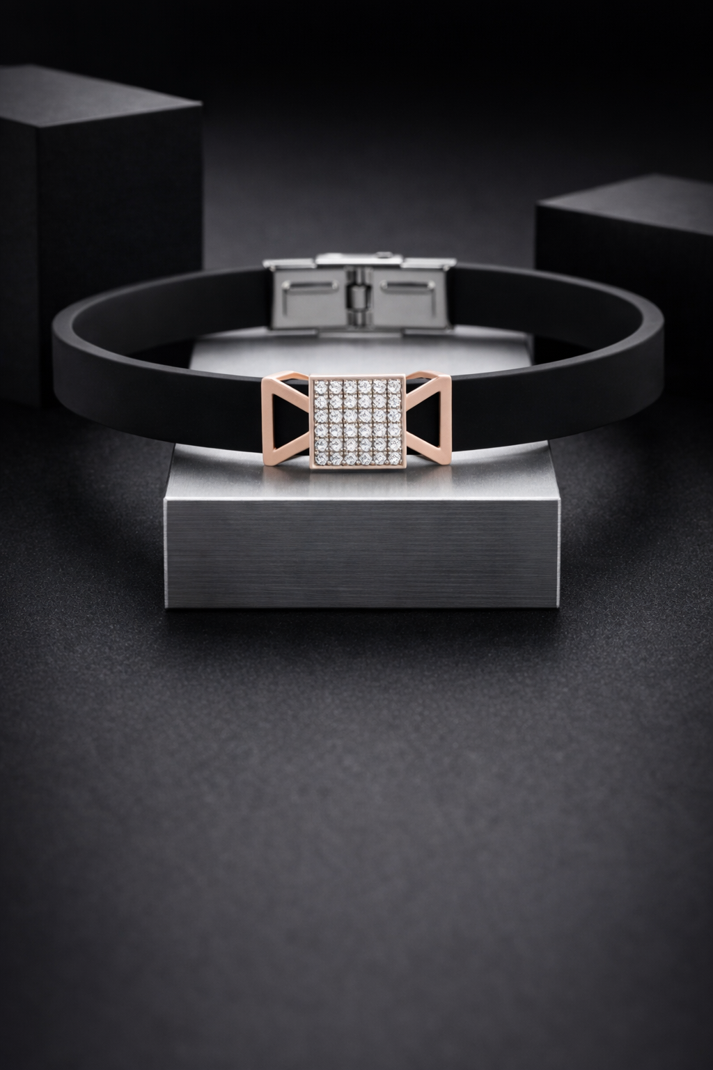 Modern Designer Black Silicon Bracelet with Rose Gold Diamond Detailing