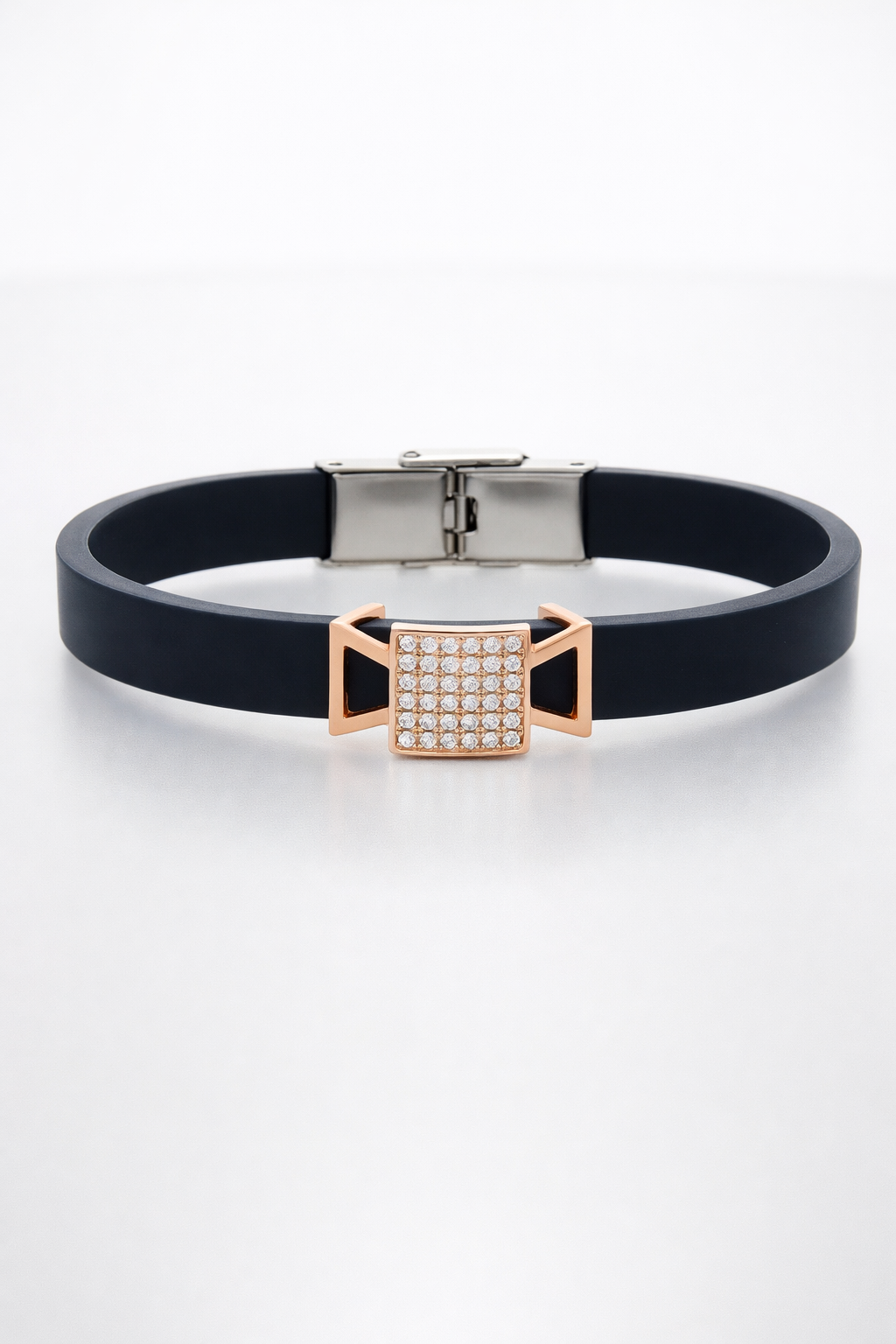 Modern Designer Black Silicon Bracelet with Rose Gold Diamond Detailing