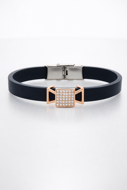 Modern Designer Black Silicon Bracelet with Rose Gold Diamond Detailing