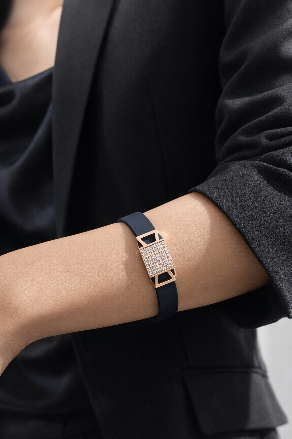 Modern Designer Black Silicon Bracelet with Rose Gold Diamond Detailing