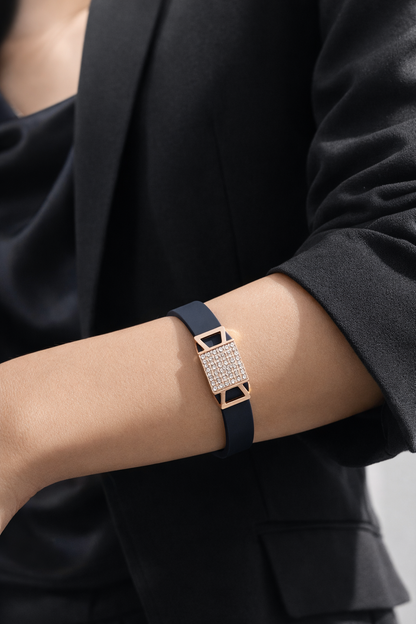 Modern Designer Black Silicon Bracelet with Rose Gold Diamond Detailing