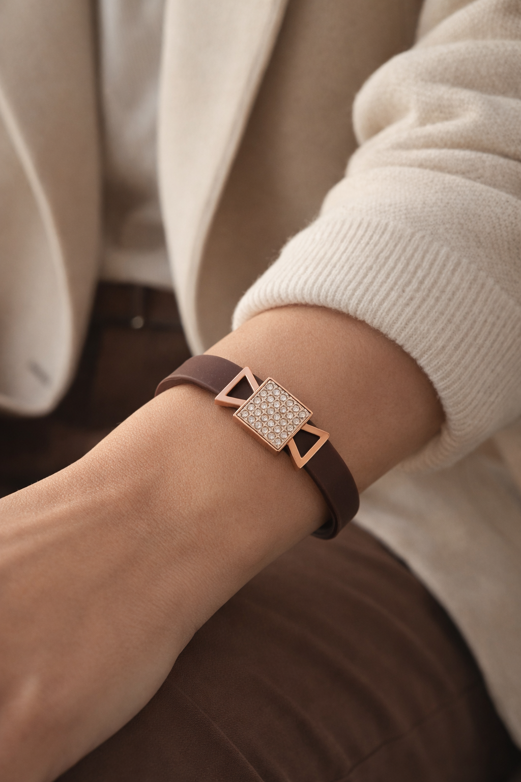 Modern Designer Black Silicon Bracelet with Rose Gold Diamond Detailing