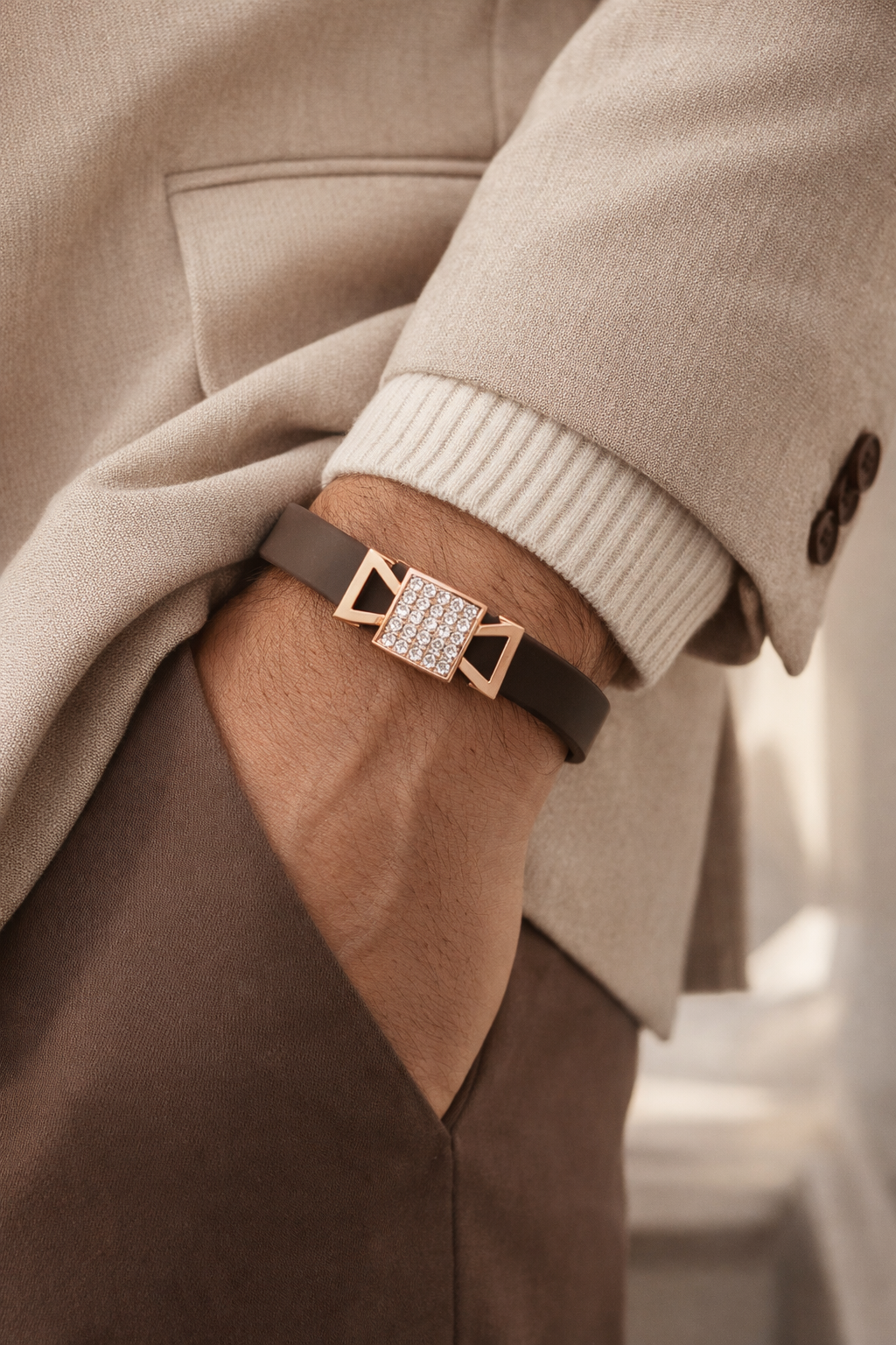 Modern Designer Black Silicon Bracelet with Rose Gold Diamond Detailing