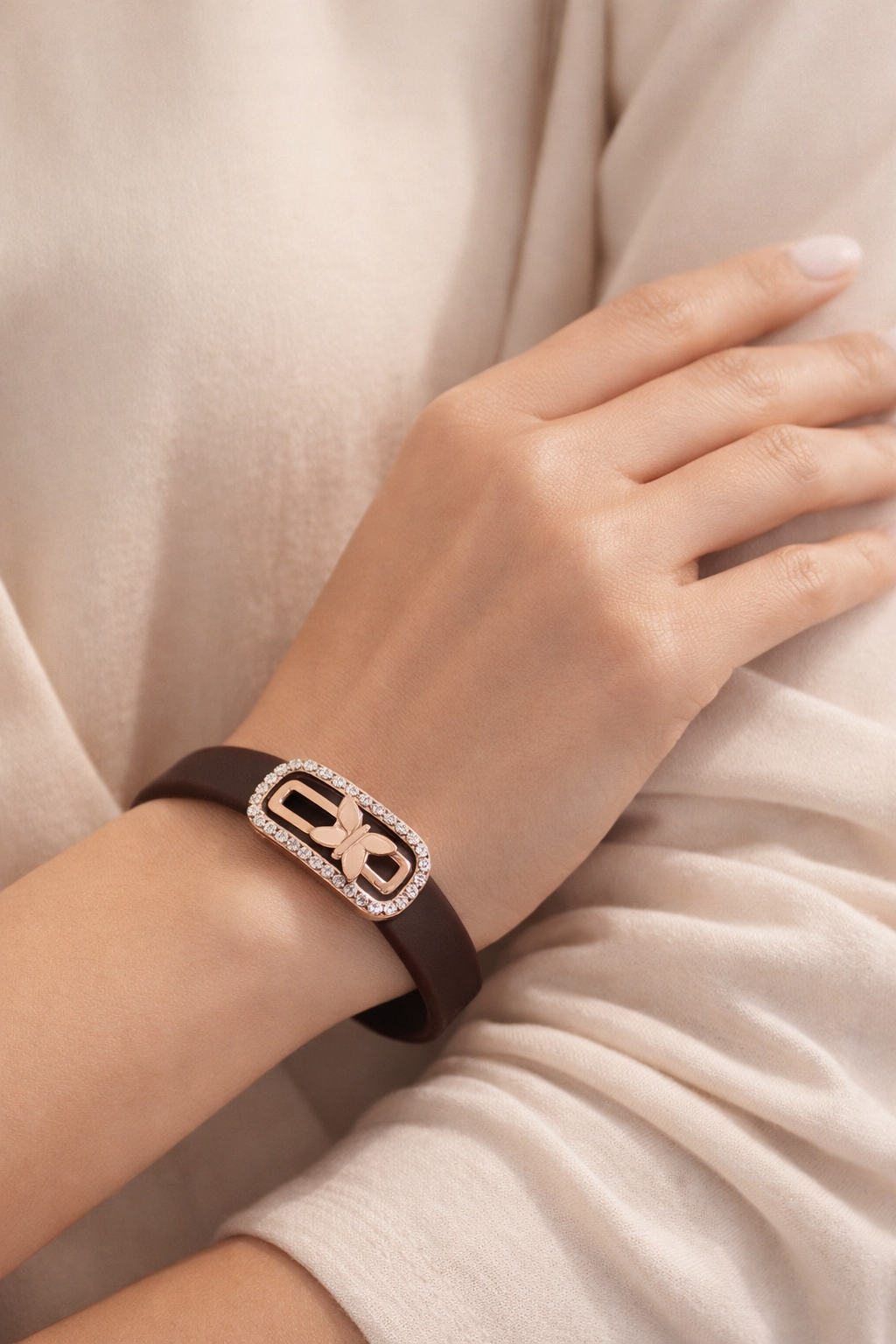 Luxury Brown Silicon Bracelet with Rose Gold Butterfly & Diamond Frame