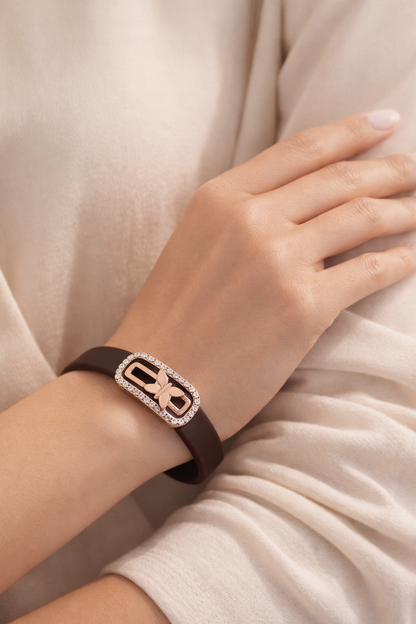 Luxury Brown Silicon Bracelet with Rose Gold Butterfly & Diamond Frame