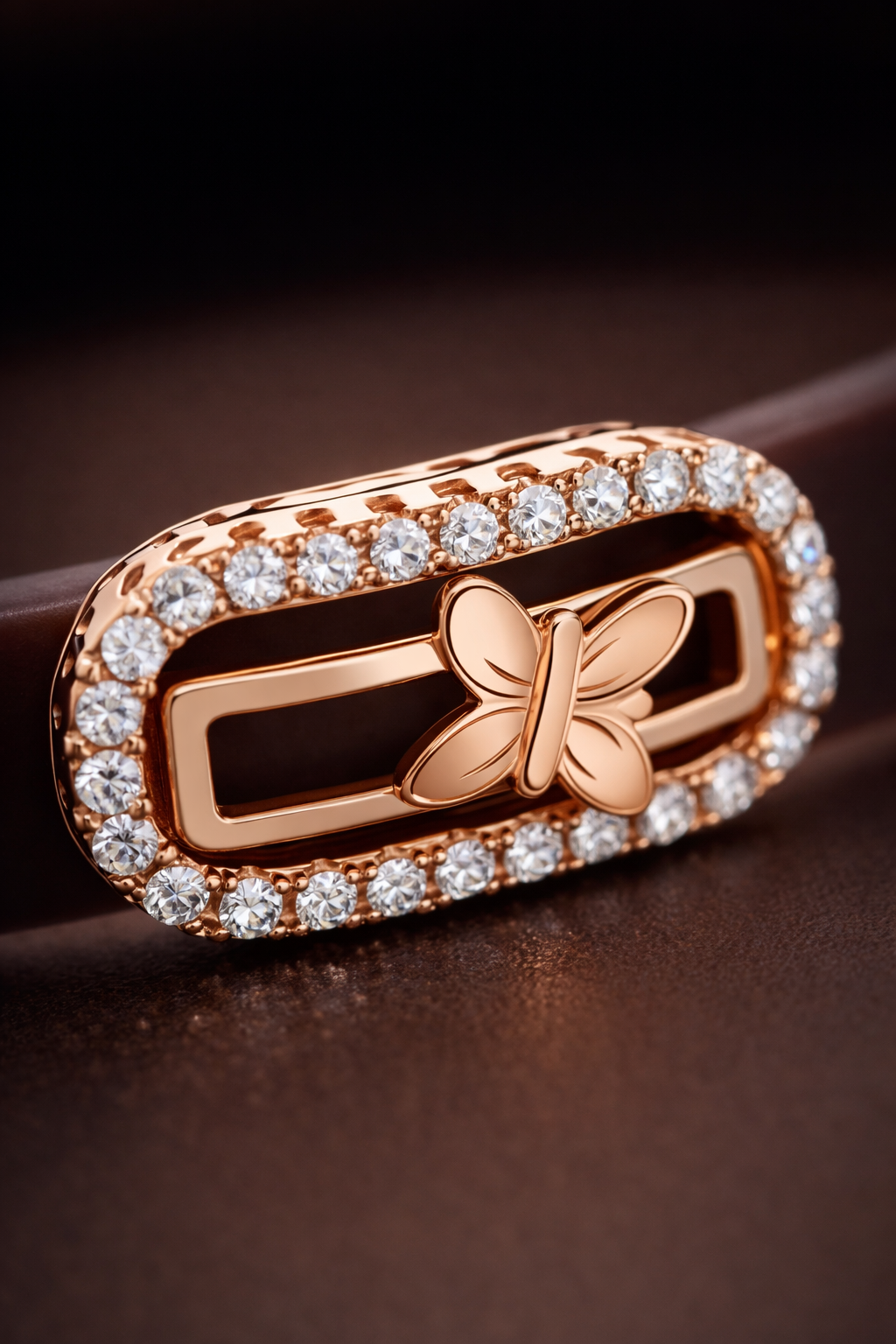 Luxury Brown Silicon Bracelet with Rose Gold Butterfly & Diamond Frame