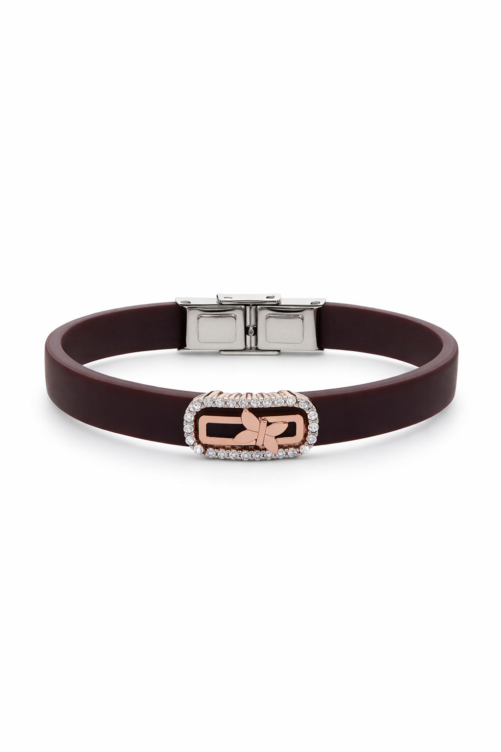 Luxury Brown Silicon Bracelet with Rose Gold Butterfly & Diamond Frame
