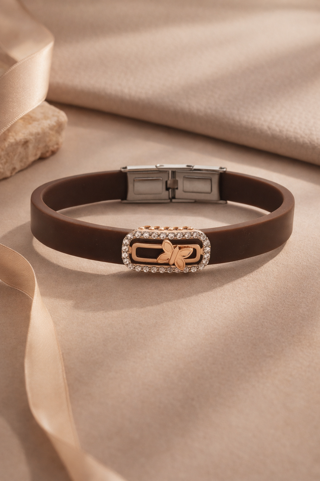 Luxury Brown Silicon Bracelet with Rose Gold Butterfly & Diamond Frame