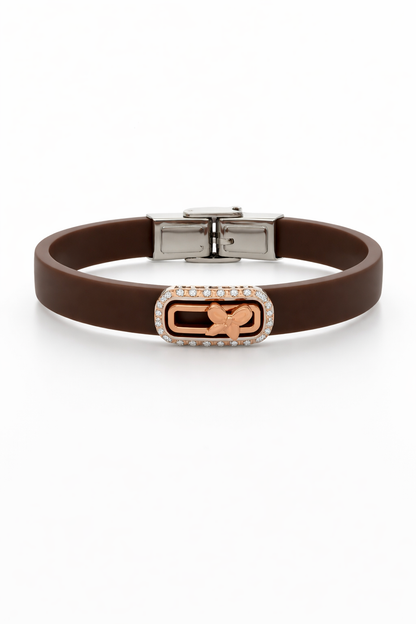 Luxury Brown Silicon Bracelet with Rose Gold Butterfly & Diamond Frame