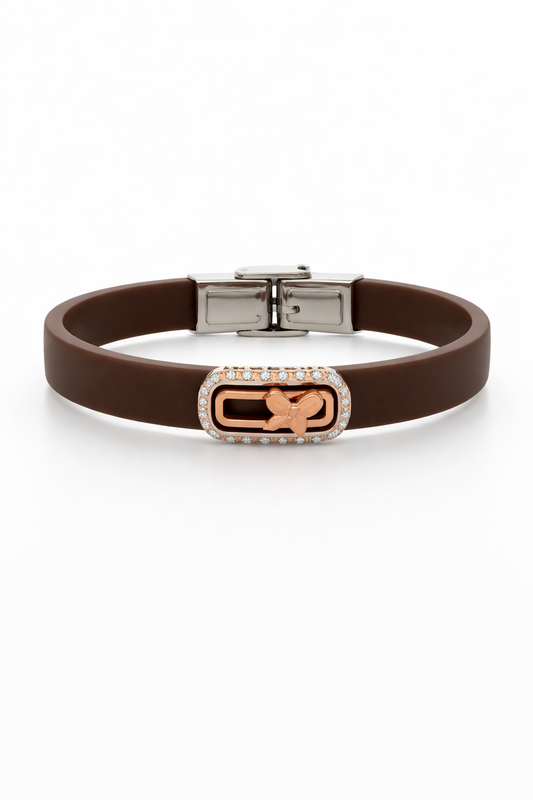 Luxury Brown Silicon Bracelet with Rose Gold Butterfly & Diamond Frame