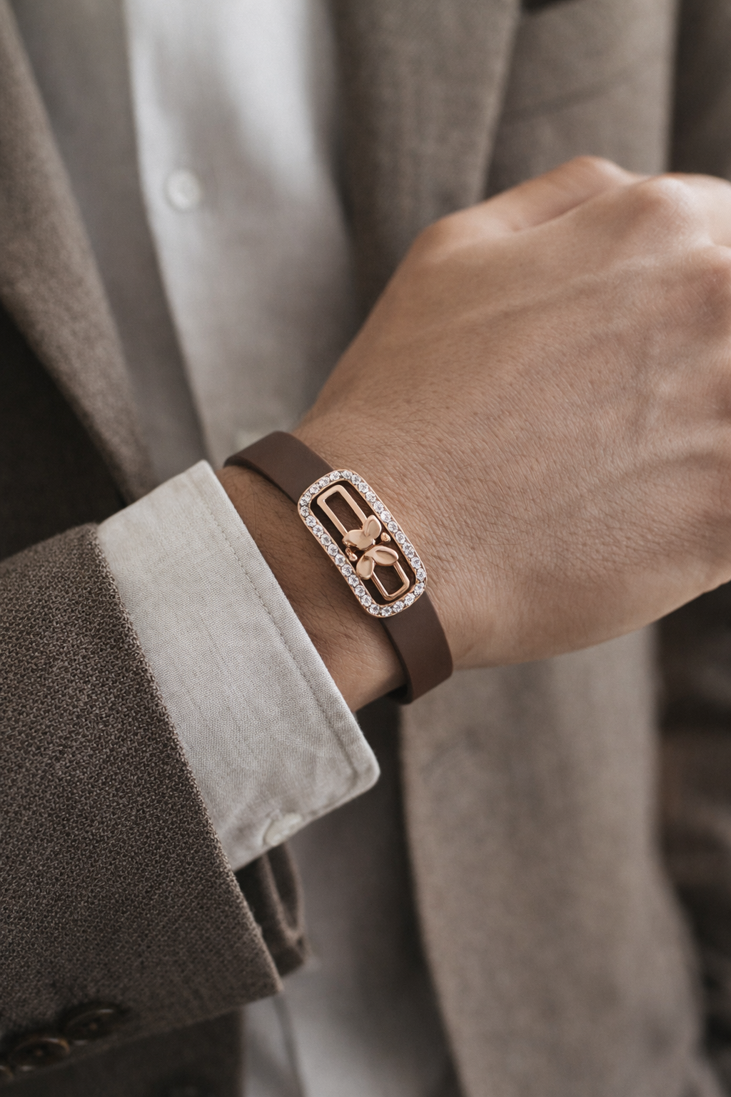 Luxury Brown Silicon Bracelet with Rose Gold Butterfly & Diamond Frame