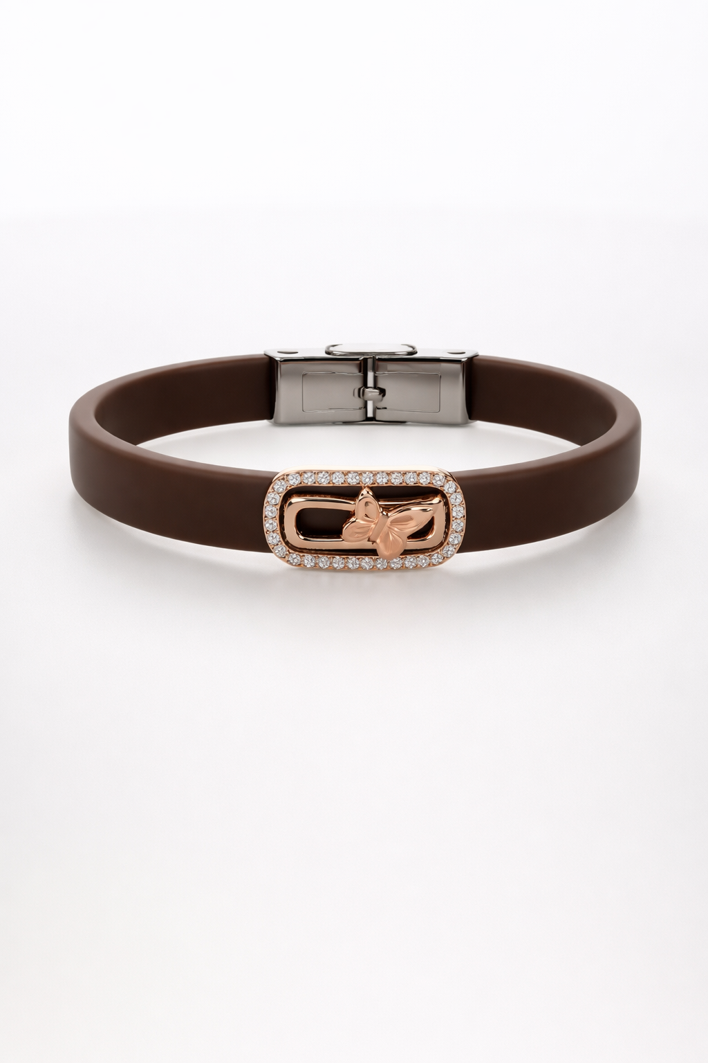 Luxury Brown Silicon Bracelet with Rose Gold Butterfly & Diamond Frame