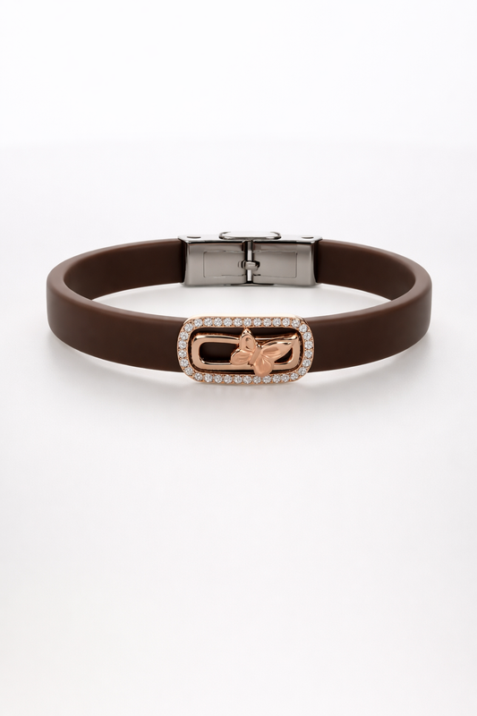 Luxury Brown Silicon Bracelet with Rose Gold Butterfly & Diamond Frame