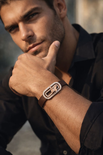 Luxury Brown Silicon Bracelet with Rose Gold Butterfly & Diamond Frame