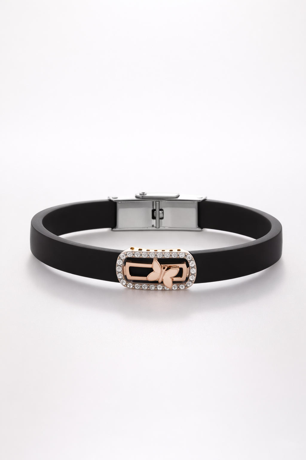 Luxury Brown Silicon Bracelet with Rose Gold Butterfly & Diamond Frame