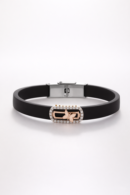 Luxury Brown Silicon Bracelet with Rose Gold Butterfly & Diamond Frame