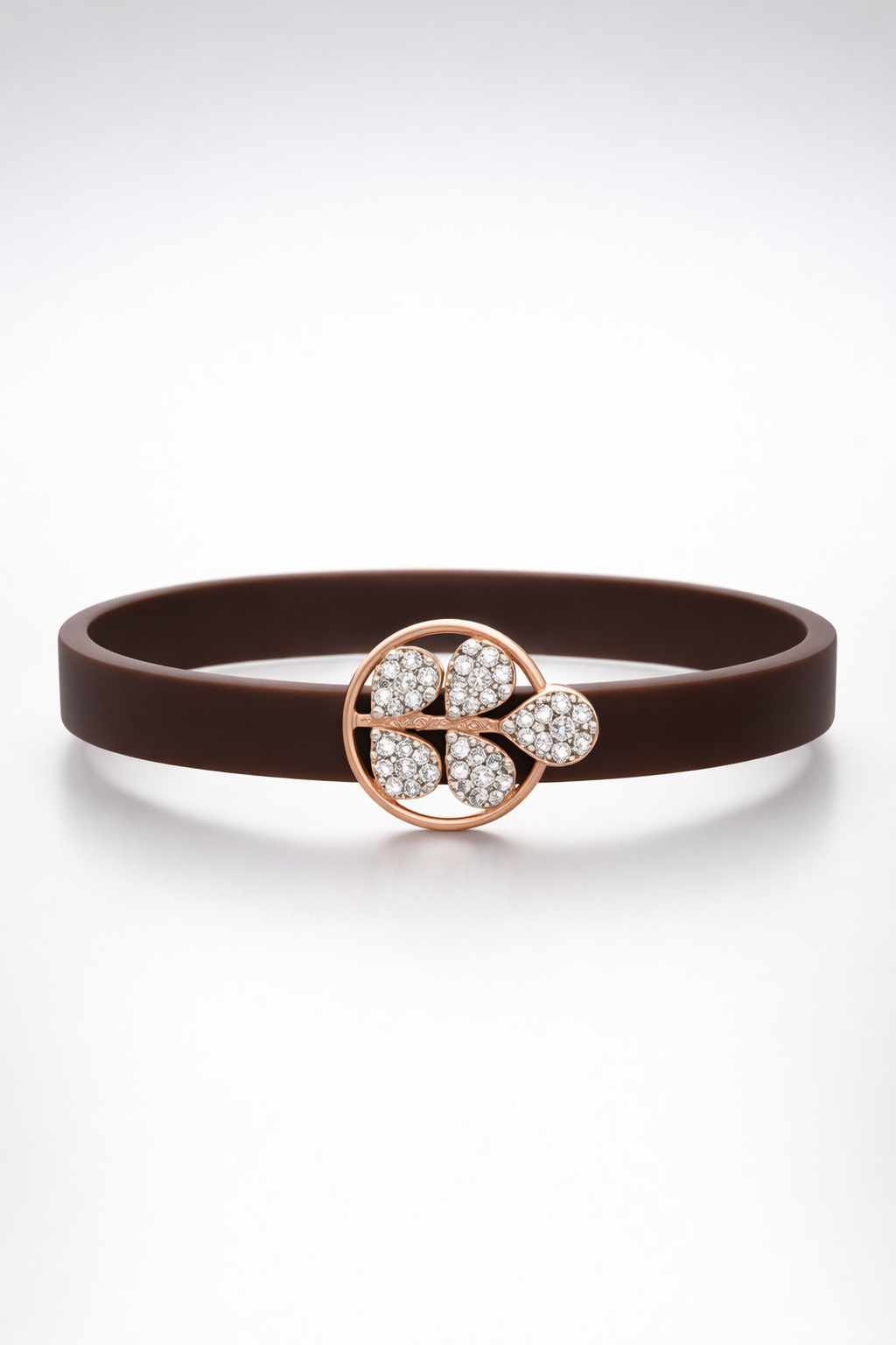 Elegant Brown Silicon Bracelet with Rose Gold Clover & Diamond Accents