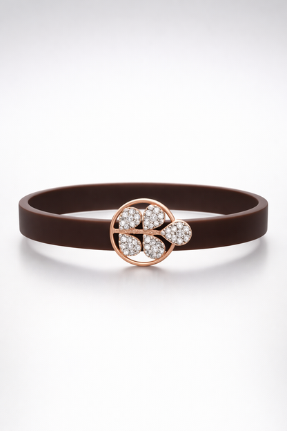 Elegant Brown Silicon Bracelet with Rose Gold Clover & Diamond Accents